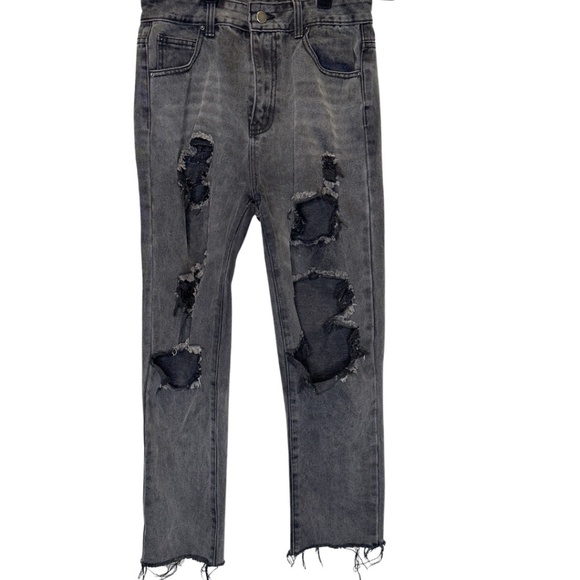 Nasty Gal Peek in Distressed Mom Jeans Washed Black | destroyed denim - Picture 1 of 10